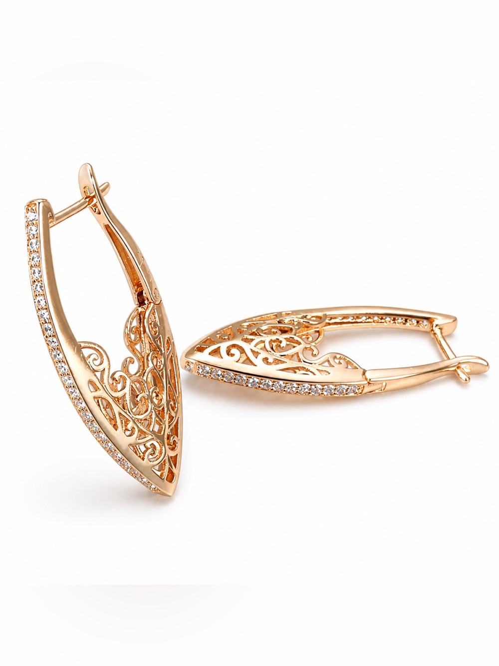 Rose Gold Filigree Zircon Leaf Hoop Earrings